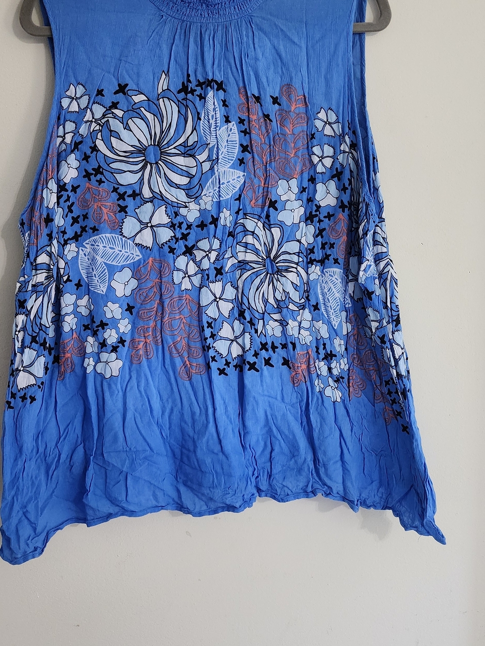 Kaari Blue Textured Blue Smocked Neck Blouse